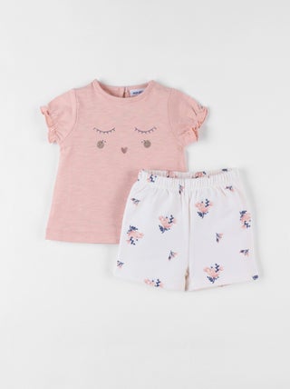 Ensemble t-shirt + short imprimé fleuri, poudré/écru Noukie's