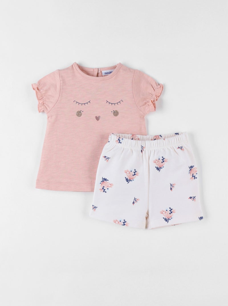 Ensemble t-shirt + short imprimé fleuri, poudré/écru Noukie's Rose - Kiabi