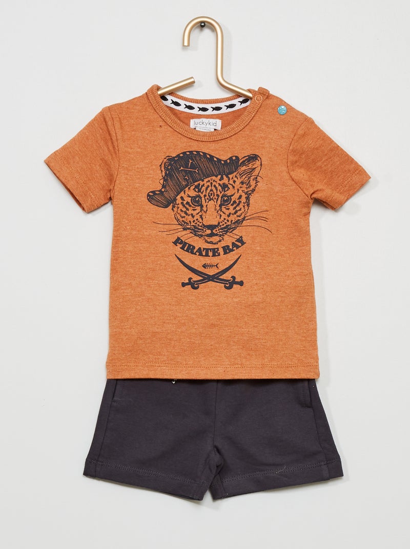 Ensemble t-shirt + short 'tigre pirate' orange/gris foncé - Kiabi