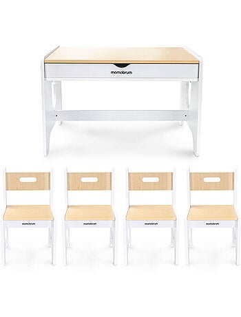 Ensemble table avec 2 tiroirs et 4 chaises ours en bois mamabrum
