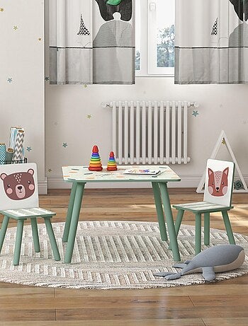 Ensemble table et chaises enfant design animaux de la forêt bois pin MDF vert