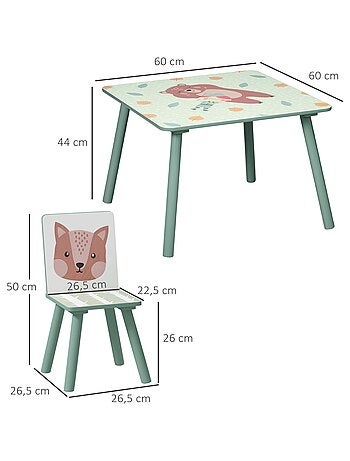 Ensemble table et chaises enfant design animaux de la forêt bois pin MDF vert