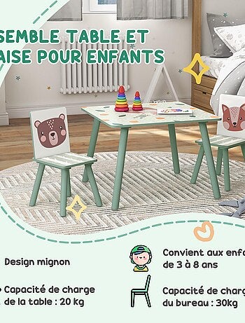 Ensemble table et chaises enfant design animaux de la forêt bois pin MDF vert