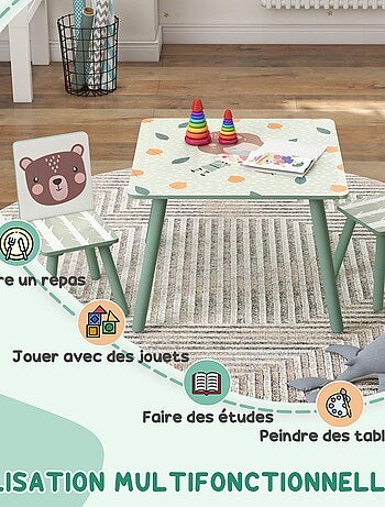 Ensemble table et chaises enfant design animaux de la forêt bois pin MDF vert