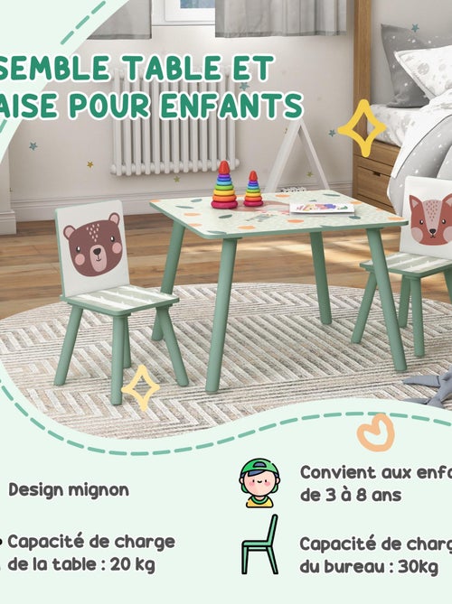 Ensemble table et chaises enfant design animaux de la forêt bois pin MDF vert - Kiabi