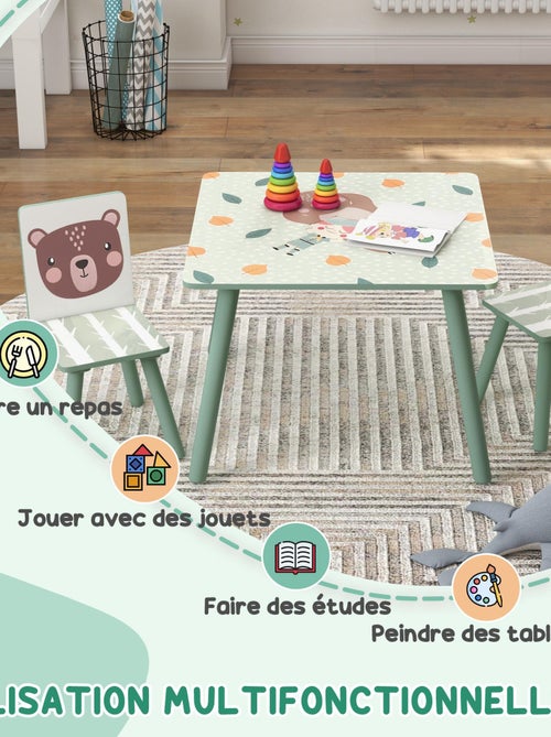 Ensemble table et chaises enfant design animaux de la forêt bois pin MDF vert - Kiabi