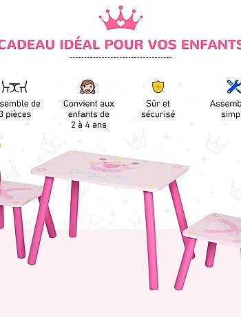 Ensemble table et chaises enfant design princesse couronne bois pin MDF rose