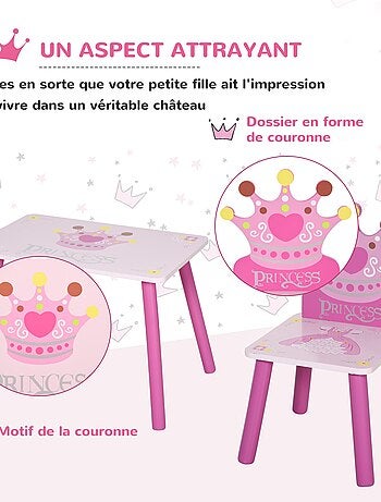 Ensemble table et chaises enfant design princesse couronne bois pin MDF rose