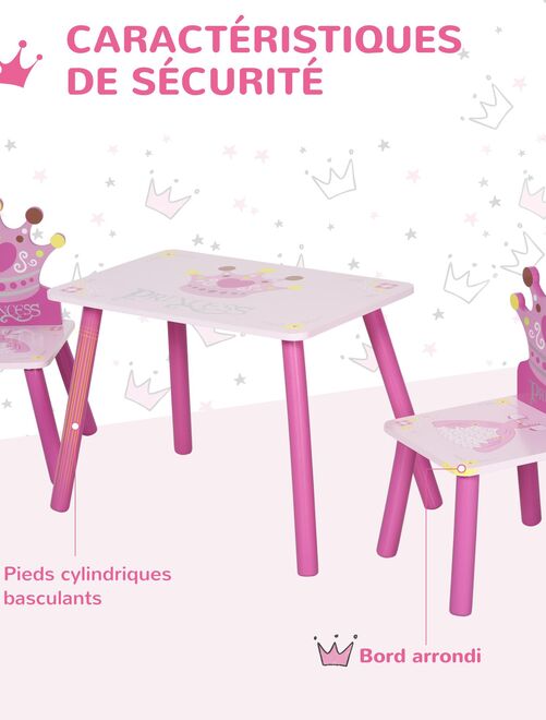 Ensemble table et chaises enfant design princesse couronne bois pin MDF rose - Kiabi