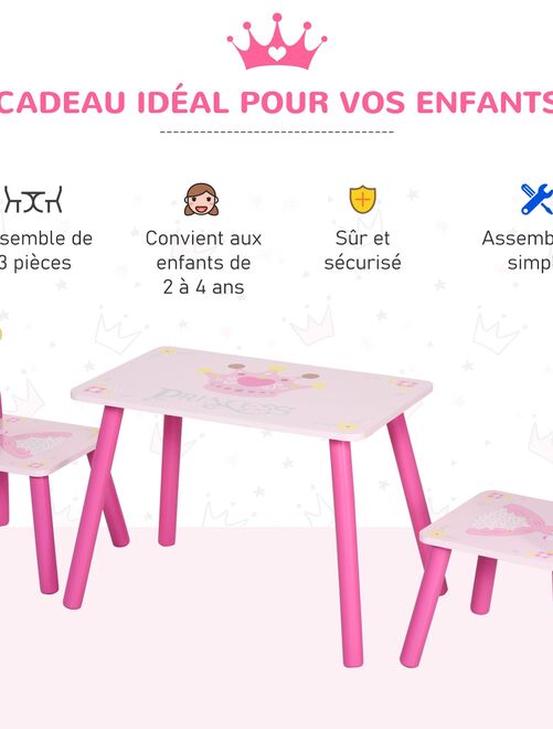 Ensemble table et chaises enfant design princesse couronne bois pin MDF rose - Kiabi
