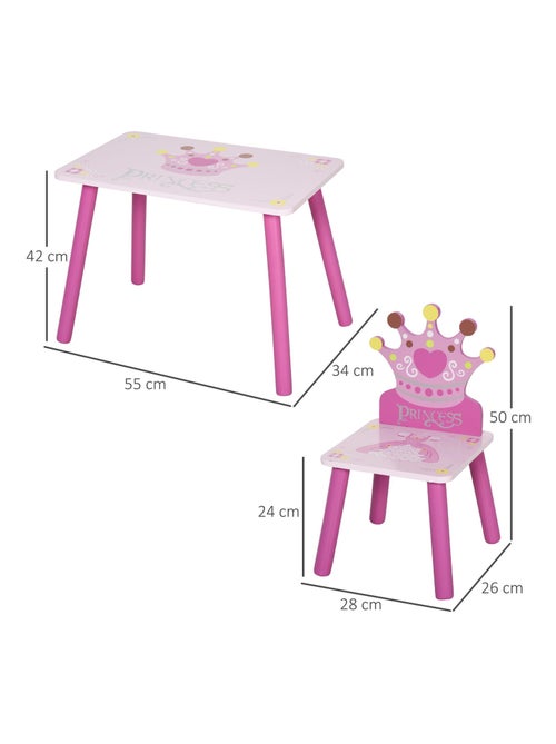 Ensemble table et chaises enfant design princesse couronne bois pin MDF rose - Kiabi