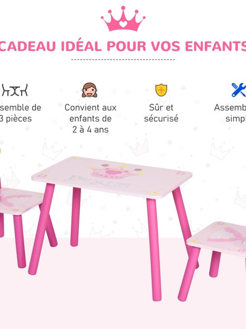 Ensemble table et chaises enfant design princesse couronne bois pin MDF rose - Kiabi