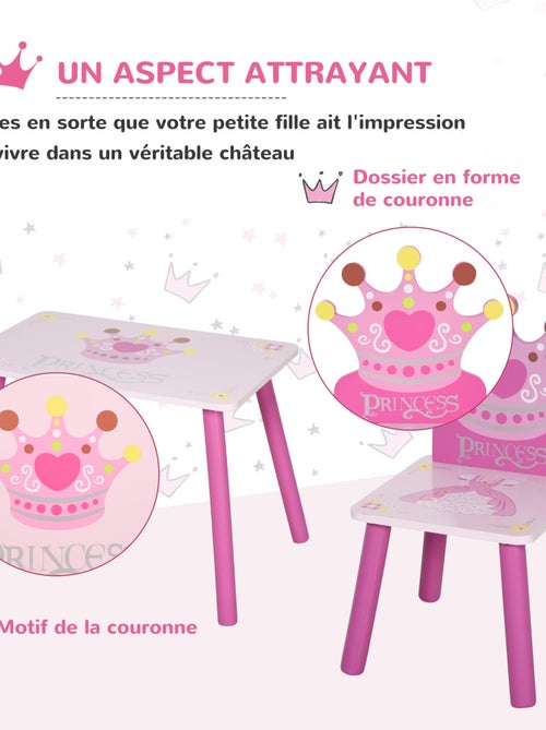 Ensemble table et chaises enfant design princesse couronne bois pin MDF rose - Kiabi