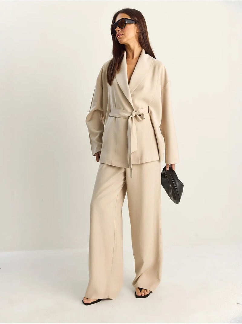 Ensemble taille haute avec détail nœud et col châle lucci Beige argile - Kiabi