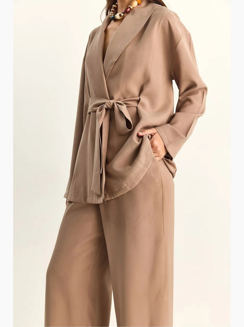 Ensemble taille haute avec détail nœud et col châle lucci Marron chocolat - Kiabi