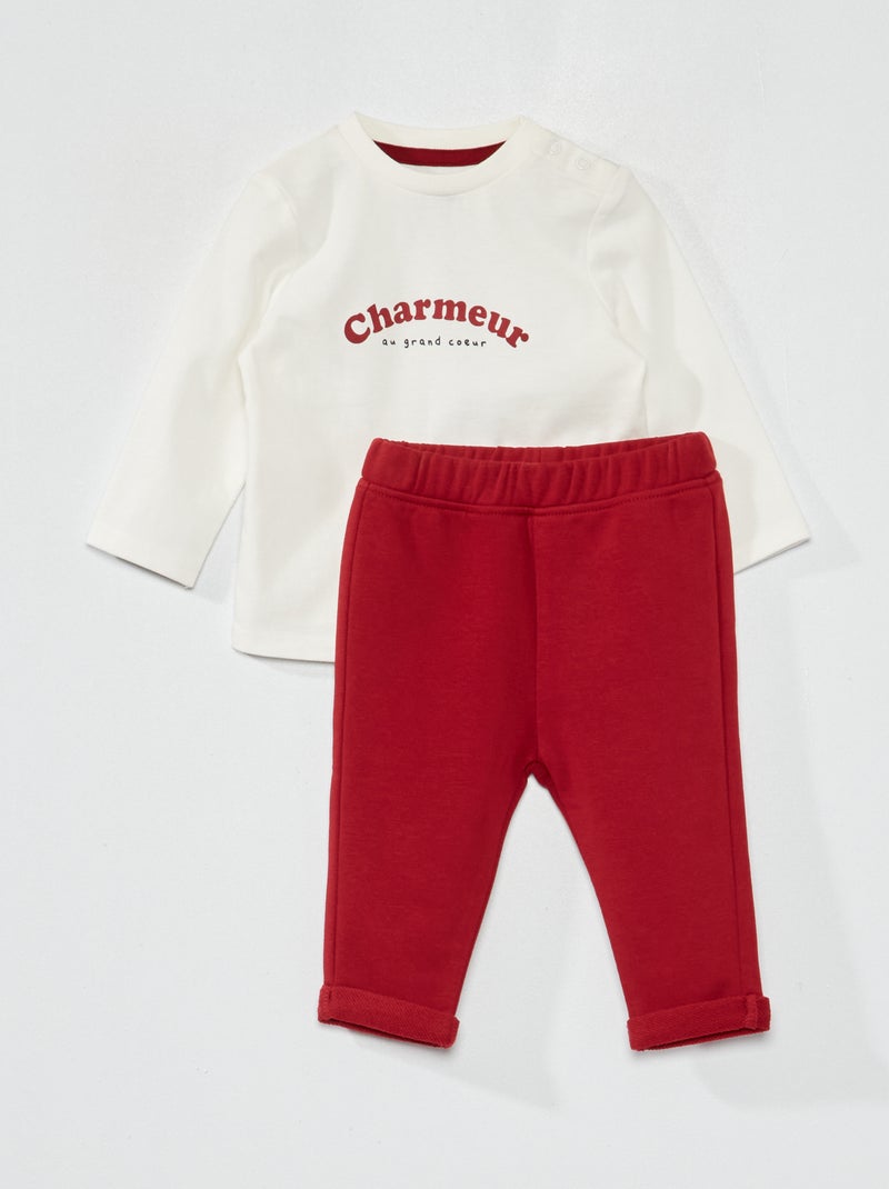 Ensemble tee-shirt imprimé + pantalon french terry Blanc/bordeaux - Kiabi