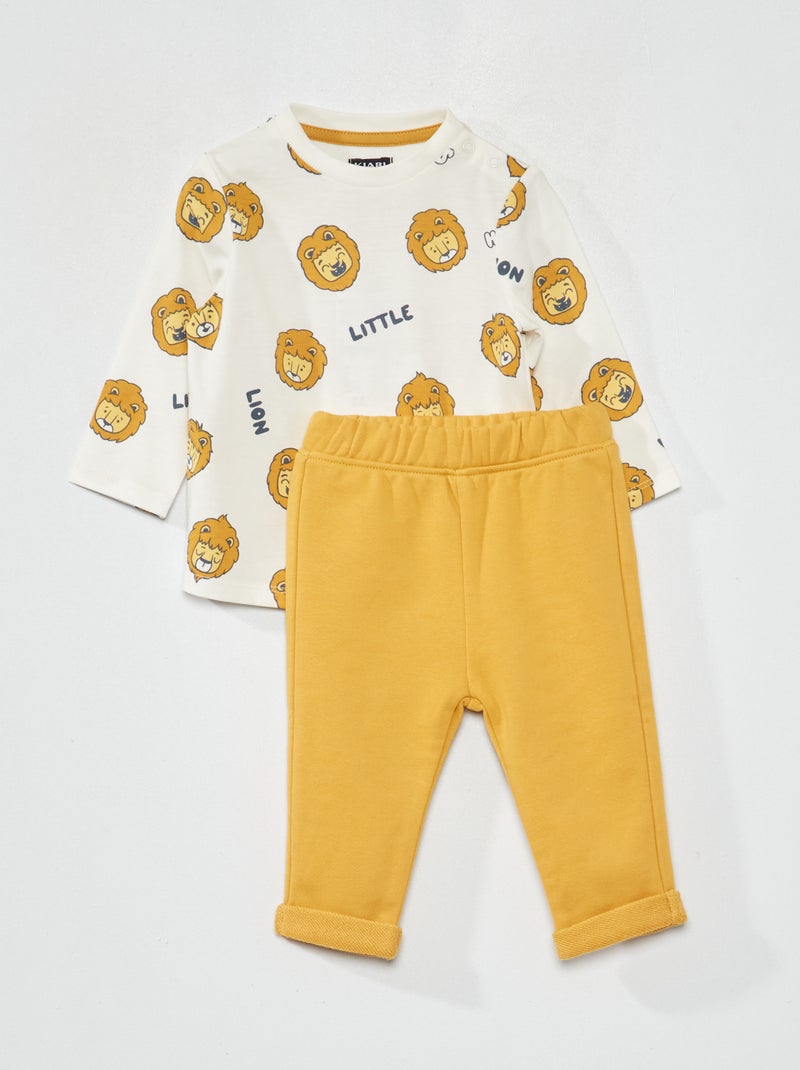 Ensemble tee-shirt imprimé + pantalon french terry Blanc/jaune - Kiabi