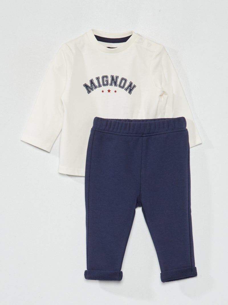 Ensemble tee-shirt imprimé + pantalon french terry Blanc/marine - Kiabi