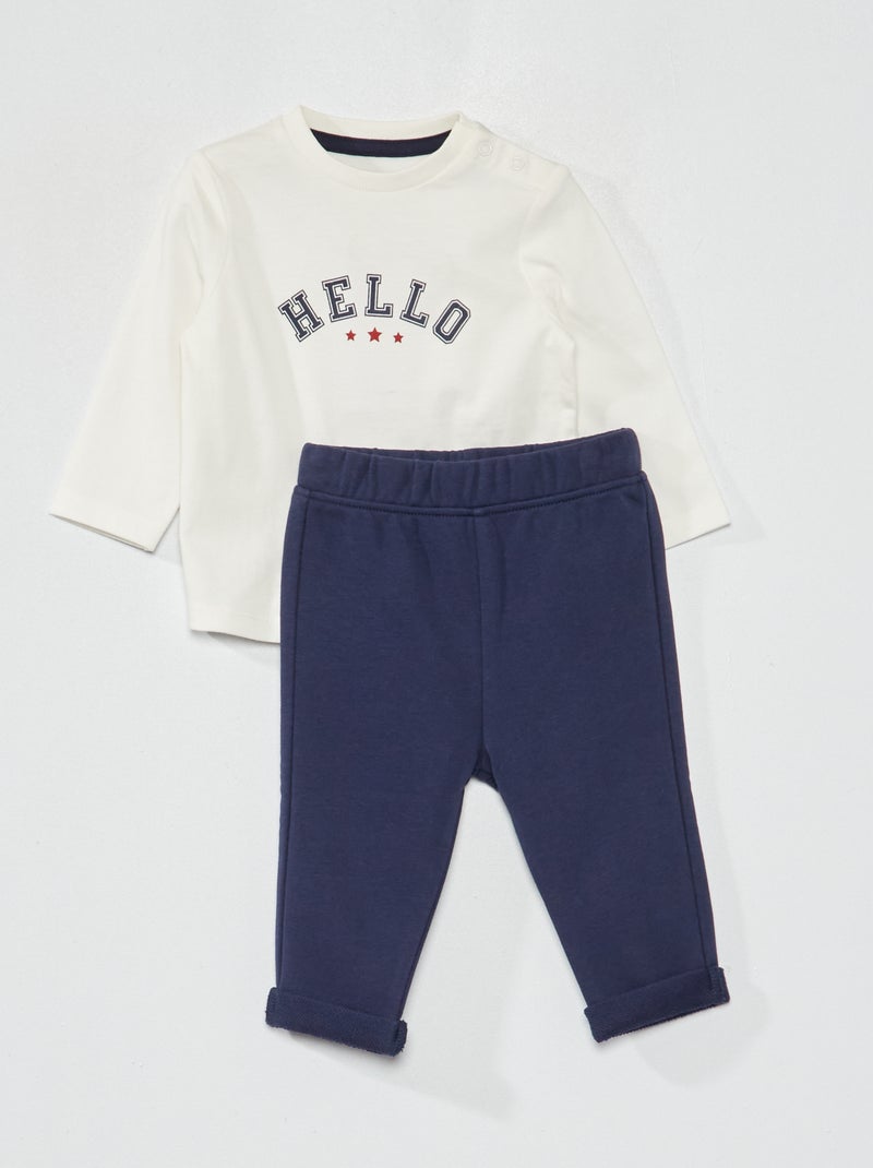 Ensemble tee-shirt imprimé + pantalon french terry Blanc/marine - Kiabi