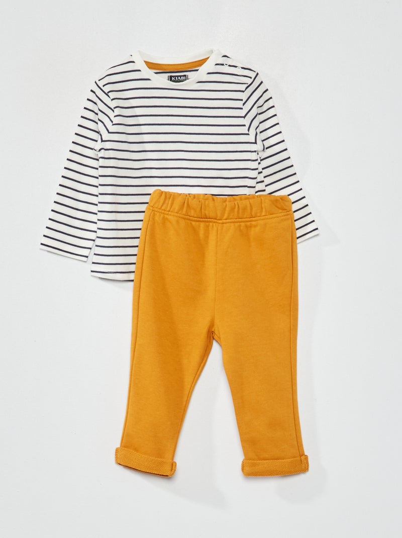Ensemble tee-shirt imprimé + pantalon french terry Rayé/jaune - Kiabi