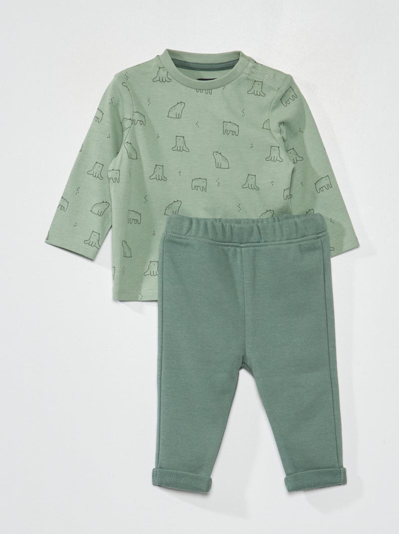 Ensemble tee-shirt imprimé + pantalon french terry Vert - Kiabi