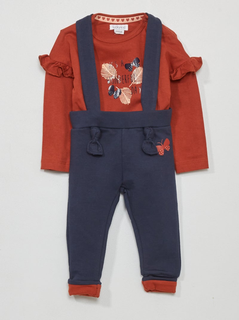 Ensemble tee-shirt + pantalon à bretelles Bleu/rouge brique - Kiabi