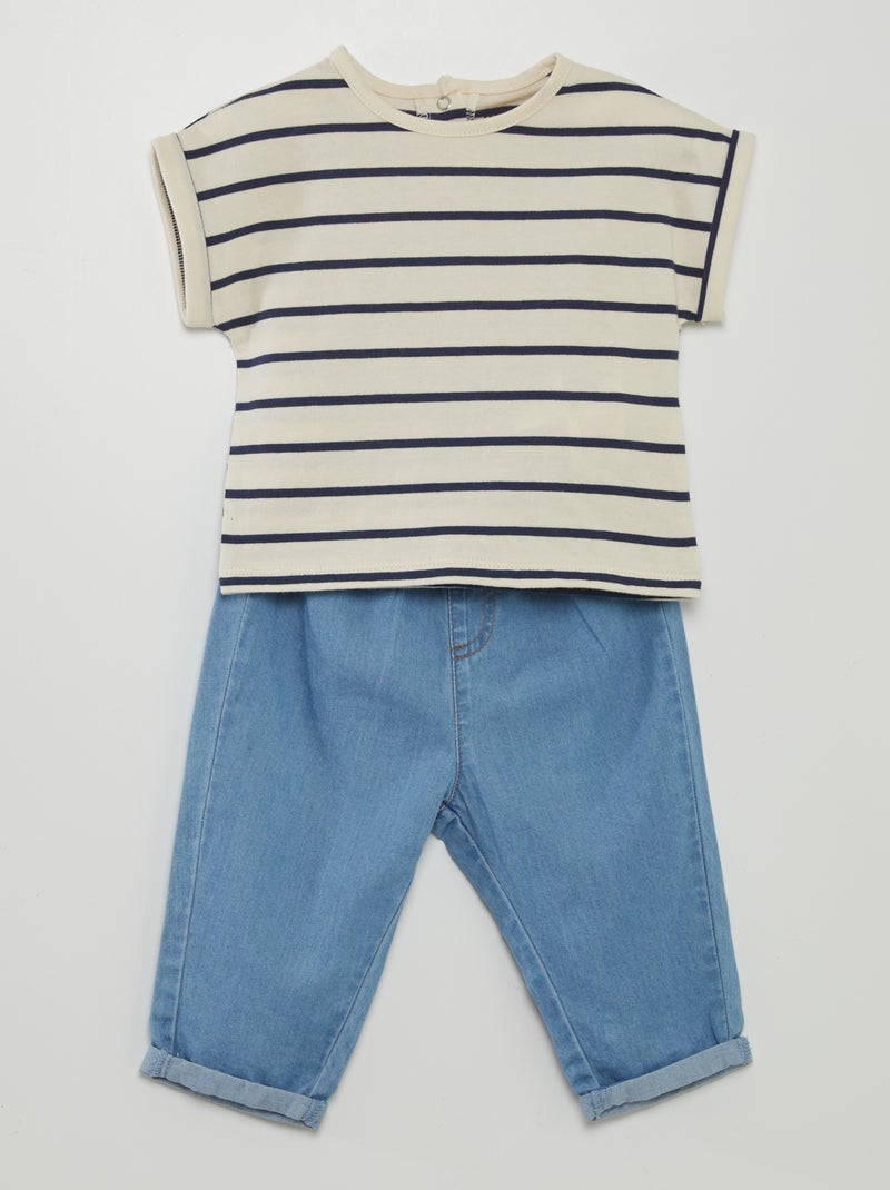 Ensemble Bébé Verbaudet - Pantalon Et Marinière Mauve/blanc - Taille 1 Mois - Excellent état