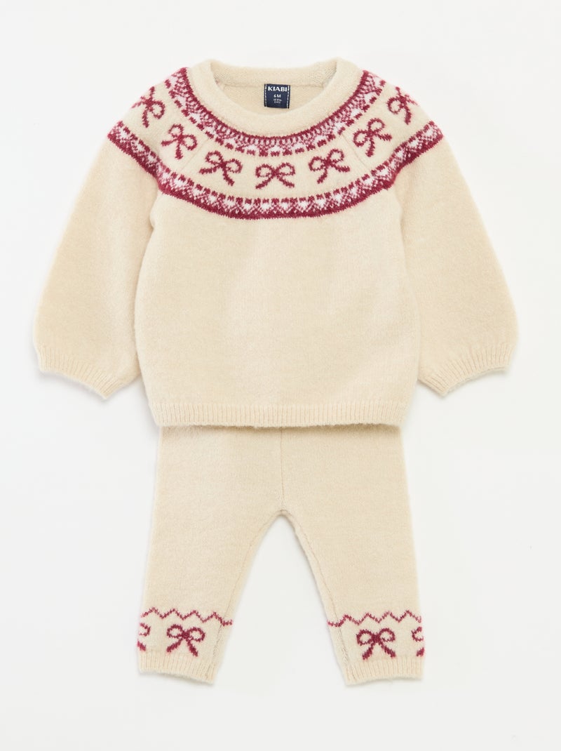 Ensemble tricot pull legging jacquard Beige Bébé fille