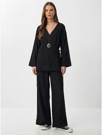 Ensemble tunique à taille haute et col en v avec détail noué et pantalon large istanbul