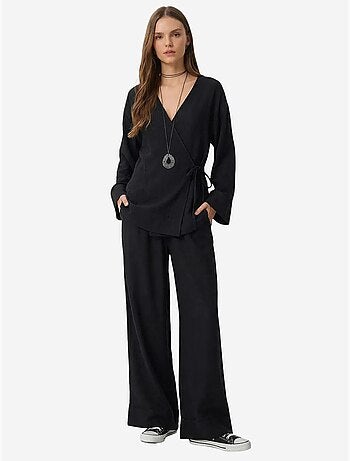 Ensemble tunique à taille haute et col en v avec détail noué et pantalon large istanbul