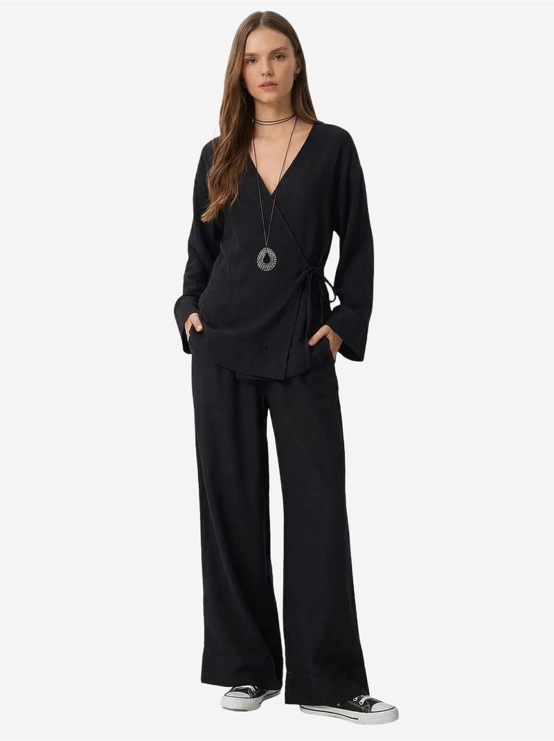 Ensemble tunique à taille haute et col en v avec détail noué et pantalon large istanbul Noir - Kiabi
