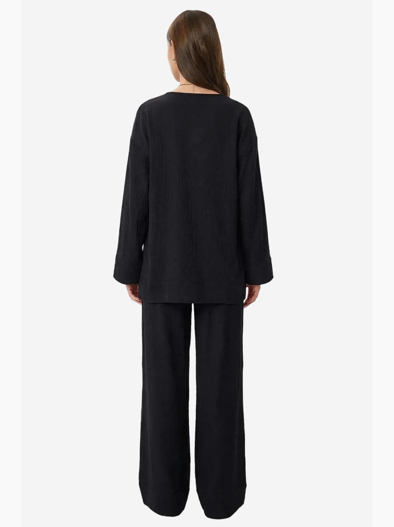 Ensemble tunique à taille haute et col en v avec détail noué et pantalon large istanbul Noir - Kiabi