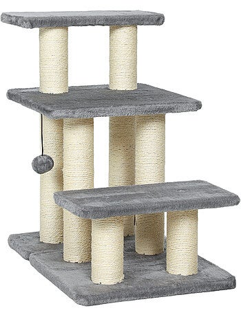 Escalier pour chat 3 marches - griffoirs, boule - sisal peluche gris