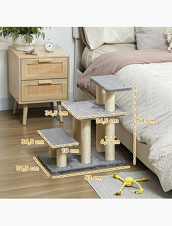 Escalier pour chat 3 marches - griffoirs, boule - sisal peluche gris