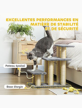 Escalier pour chat 3 marches - griffoirs, boule - sisal peluche gris