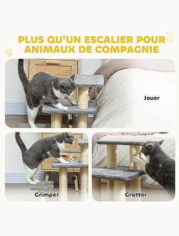 Escalier pour chat 3 marches - griffoirs, boule - sisal peluche gris