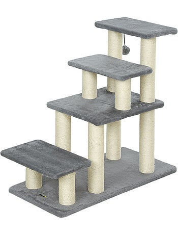 Escalier pour chat 4 marches - griffoirs, boule - sisal peluche gris