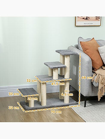 Escalier pour chat 4 marches - griffoirs, boule - sisal peluche gris