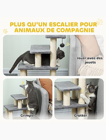 Escalier pour chat 4 marches - griffoirs, boule - sisal peluche gris