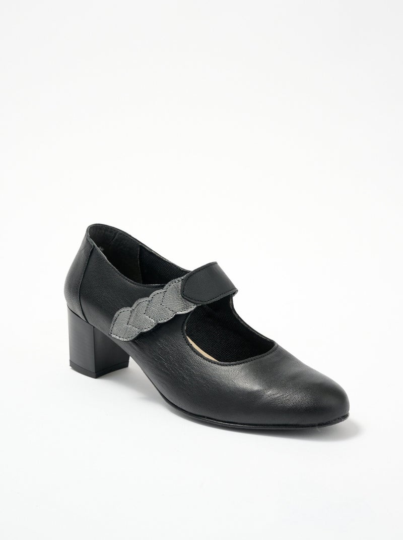 Escarpins à talon largeur confort scratchés cuir Noir - Kiabi