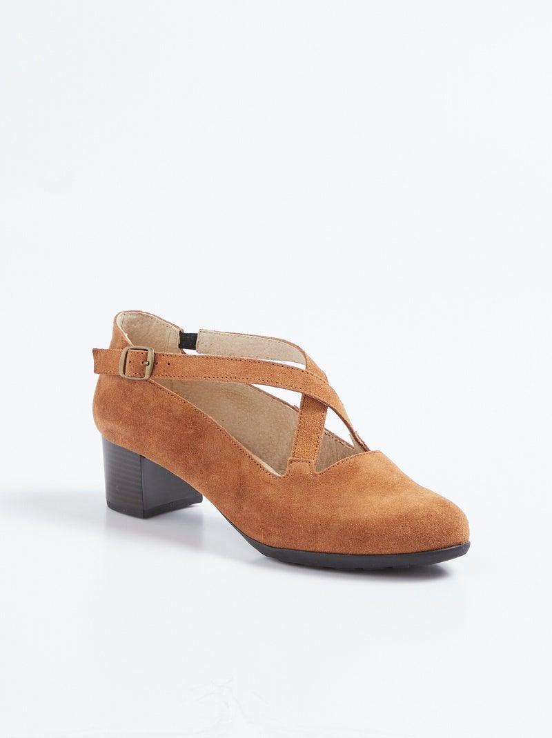 Escarpins à talons largeur confort cuir Camel - Kiabi