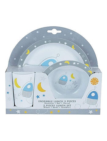 Espace ensemble repas incluant 1 verre 220 ml, 1 assiette et 1 bol micro-ondables pour enfant