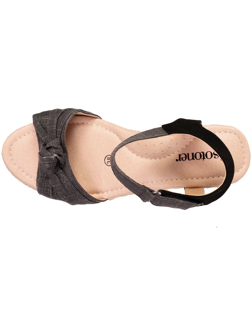 Espadrilles à talon 6 cm et bout ouvert détail nœud  Isotoner Noir - Kiabi