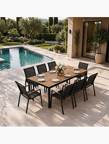 ESPERANCE Salon de jardin 8 places avec table 190cm effet bois