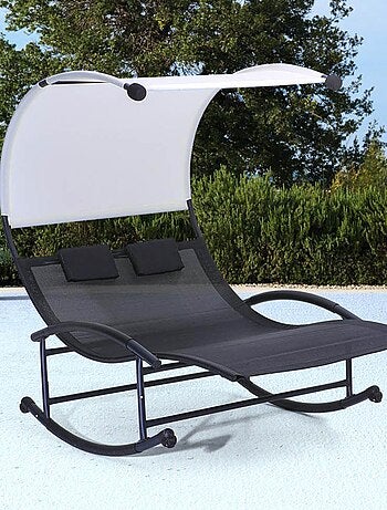 ESSAOUIRA Transat double à bascule avec auvent noir et écru