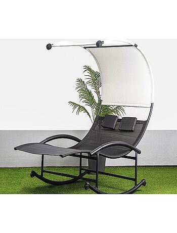 ESSAOUIRA Transat double à bascule avec auvent noir et écru