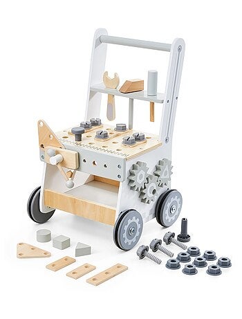 Établi Atelier Bricolage Enfant, Trotteur Bébé Multifonction, Pousse Pousse avec Barre & Roues, Bois