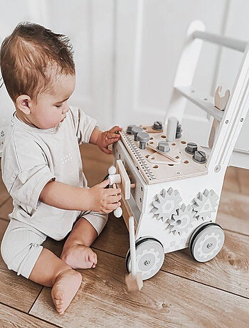 Établi Atelier Bricolage Enfant, Trotteur Bébé Multifonction, Pousse Pousse avec Barre & Roues, Bois