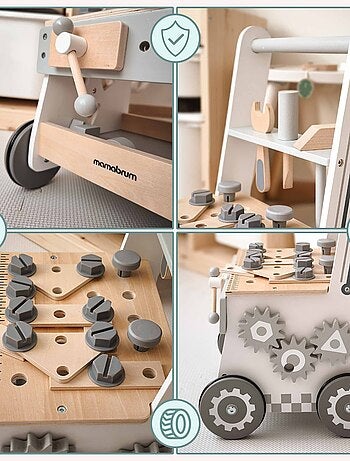 Établi Atelier Bricolage Enfant, Trotteur Bébé Multifonction, Pousse Pousse avec Barre & Roues, Bois
