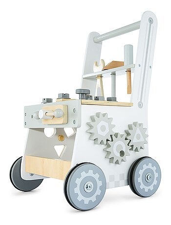 Établi Atelier Bricolage Enfant, Trotteur Bébé Multifonction, Pousse Pousse avec Barre & Roues, Bois